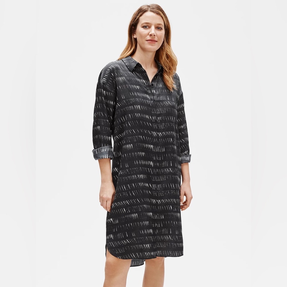 Eileen Fisher Silk Organic Cotton Dash Shirtdress Silk Lightweight Black Medium